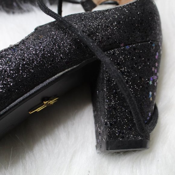 Lulu Hun Black Lace Up Sparkle Iridescent Star Block Heel Size 5 - Picture 5 of 15